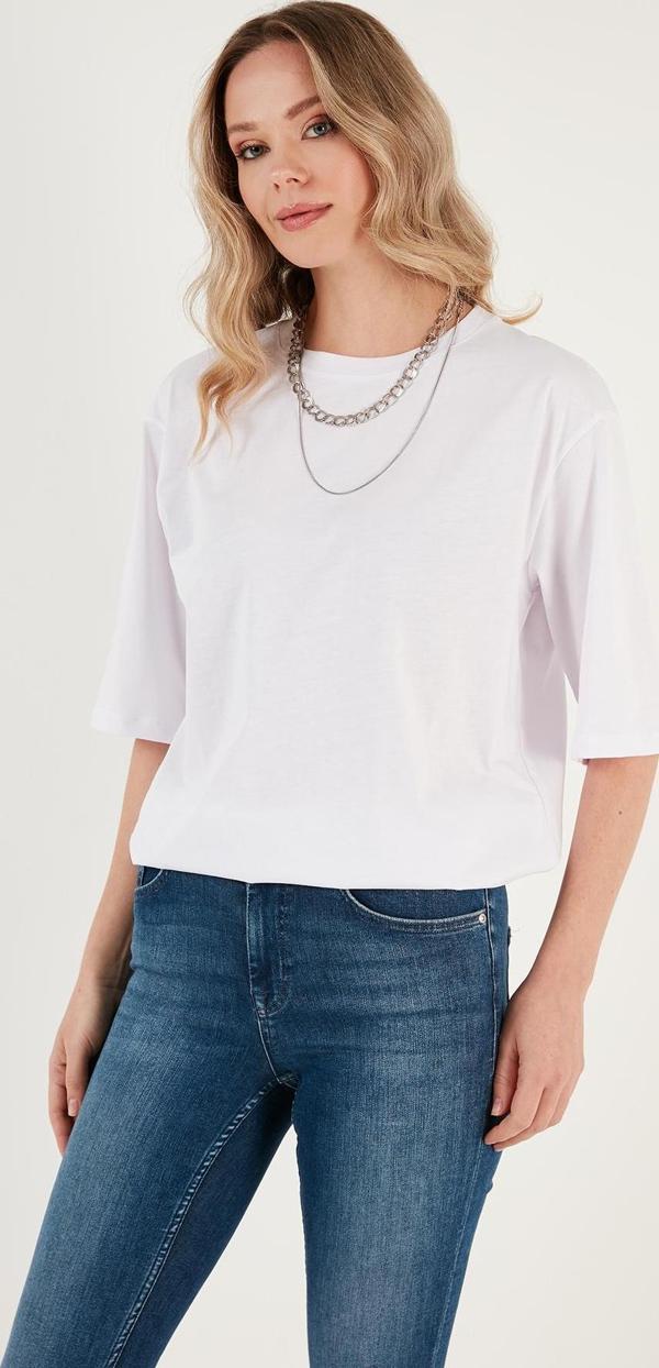 Lela Pamuklu Oversize Bisiklet Yaka Bayan T Shirt 5864562 BEYAZ - Image 1