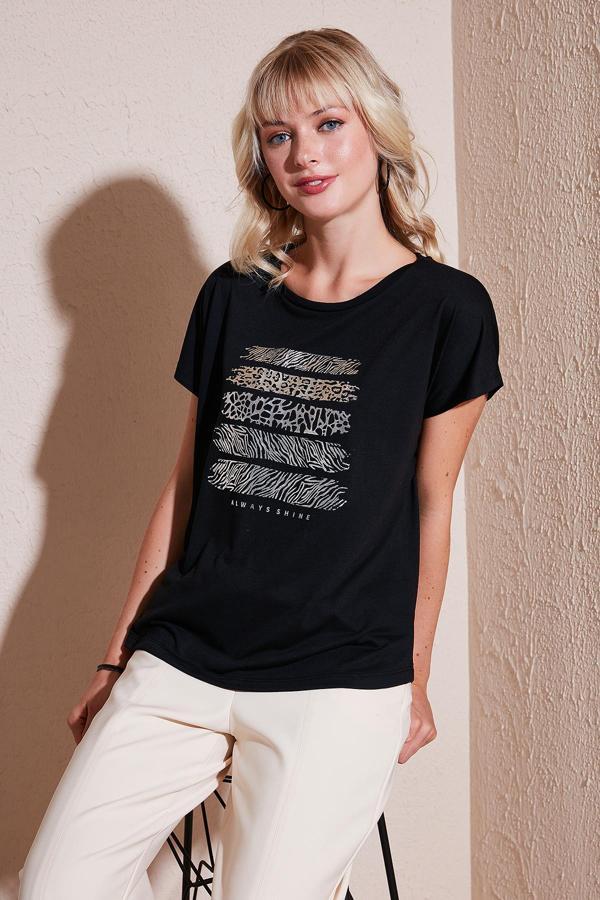 Lela Baskılı Bisiklet Yaka Regular Fit Bayan T Shirt 6671003 SİYAH - Image 1