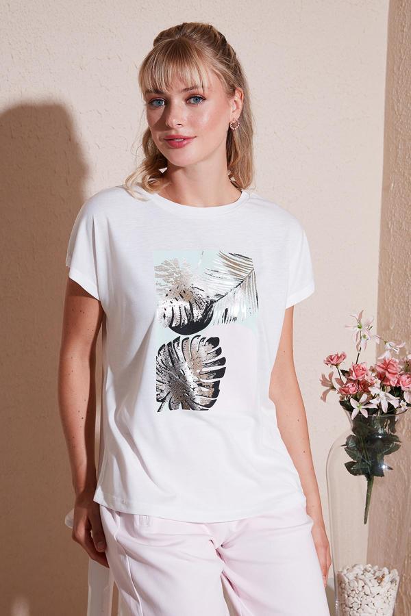 Lela Baskılı Bisiklet Yaka Regular Fit Bayan T Shirt 6671004 EKRU - Image 1