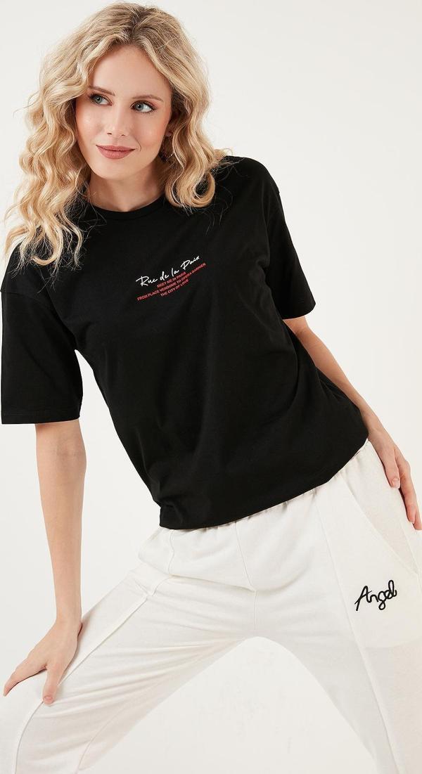 Lela Yazılı Detaylı Pamuklu Oversize Bisiklet Yaka Bayan T Shirt 541RUEDELA SİYAH - Image 1