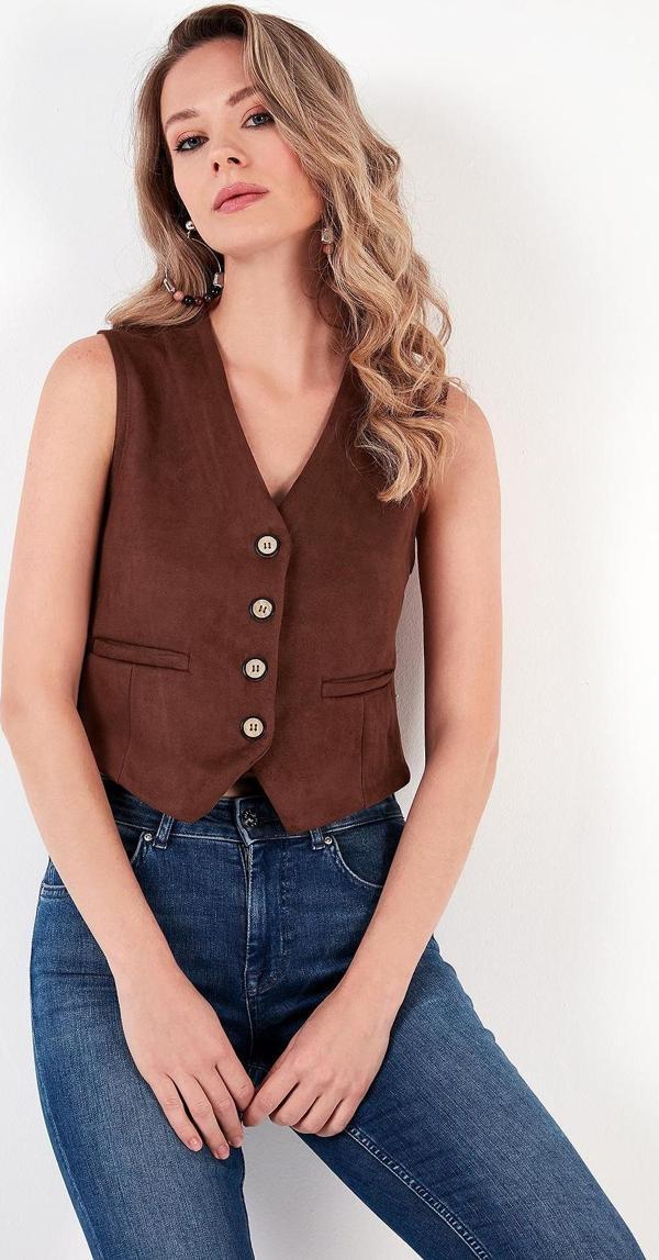 Lela Fitted Scuba Süet V Yaka Düğmeli Bayan Yelek 5865576 TABA - Image 1