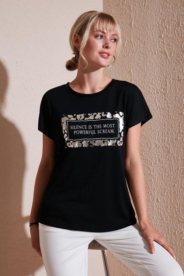 Lela Baskılı Bisiklet Yaka Regular Fit Bayan T Shirt 6671007 SİYAH - Image 1