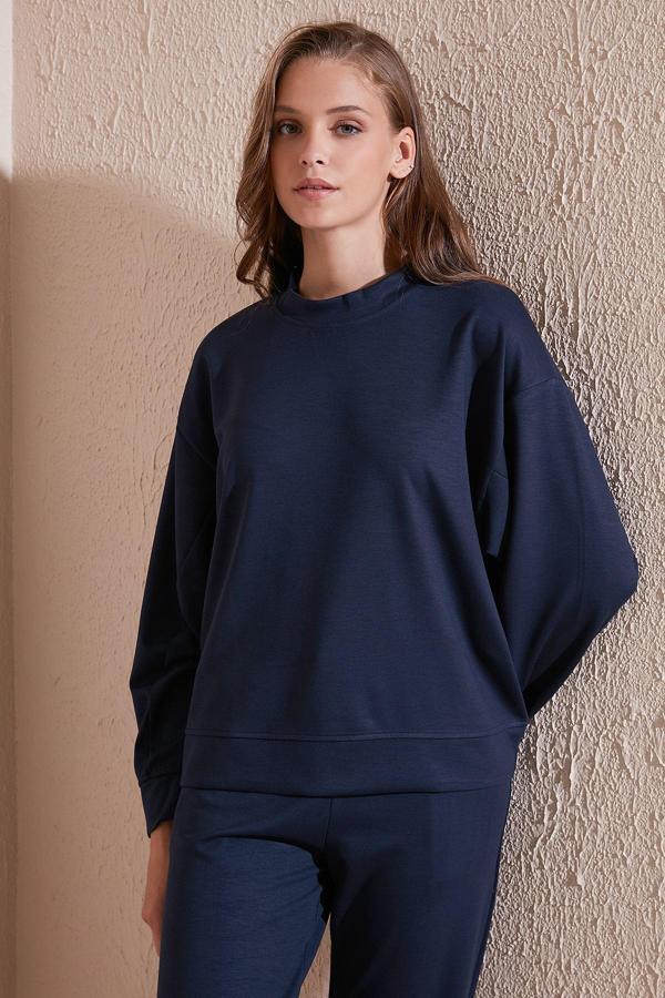 Lela Streç Bisiklet Yaka Oversize Fit Scuba Bayan Sweat 5865879 LACİVERT - Image 1