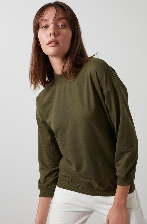 Lela Pamuklu Dik Yaka Basic Örme Bayan Sweat 5863323 HAKİ - Image 1