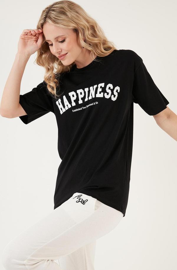 Lela Baskılı Pamuklu Oversize Bisiklet Yaka Bayan T Shirt 541HAPPINESS SİYAH - Image 1