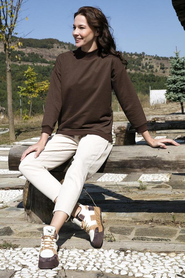 Lela Pamuklu Dik Yaka Basic Örme Bayan Sweat 5863323 KAHVE - Image 1