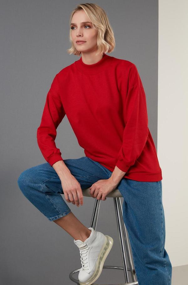 Lela Pamuklu Dik Yaka Basic Örme Bayan Sweat 5863323 KIRMIZI - Image 1