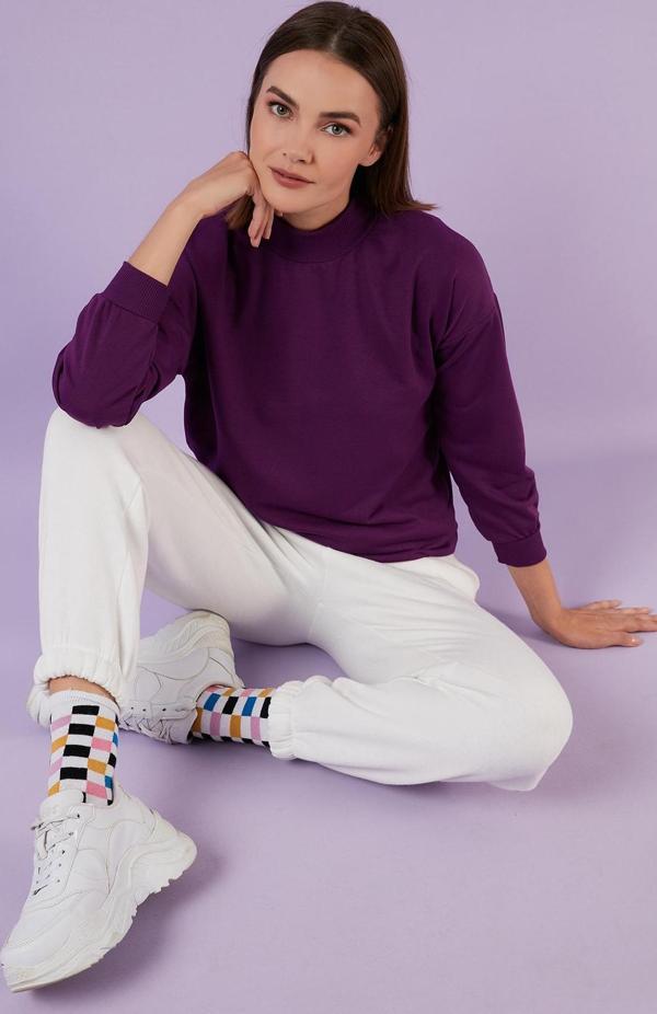 Lela Pamuklu Dik Yaka Basic Örme Bayan Sweat 5863323 MOR - Image 1