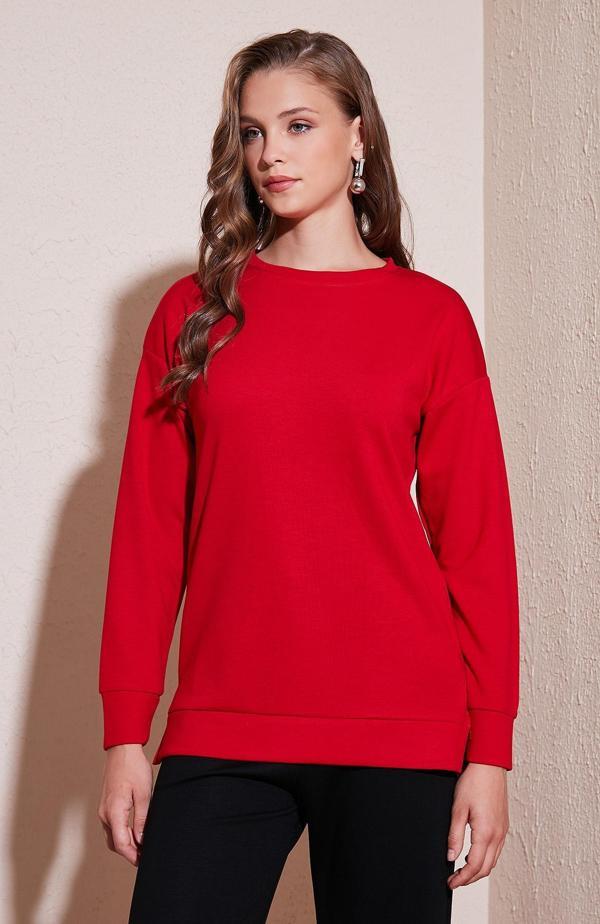 Lela Streç Oversize Fit Bisiklet Yaka OYSHO Kumaş Bayan Sweat 5865877 KIRMIZI - Image 1