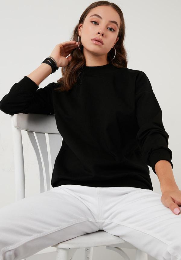 Lela Pamuklu Dik Yaka Basic Örme Bayan Sweat 5863323 SİYAH - Image 1
