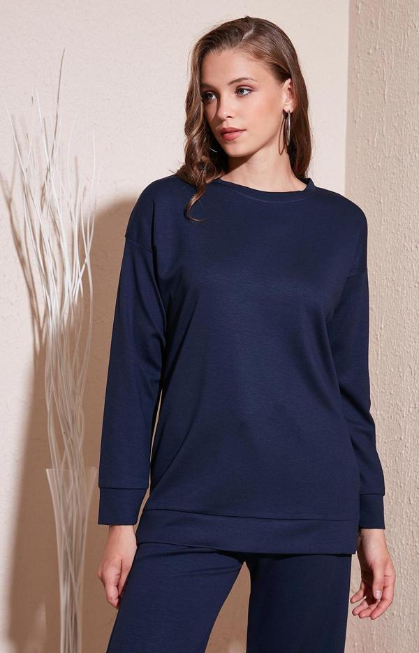 Lela Streç Oversize Fit Bisiklet Yaka OYSHO Kumaş Bayan Sweat 5865877 LACİVERT - Image 1