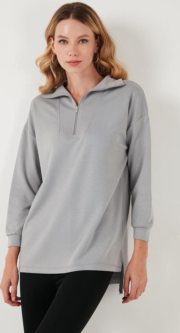 Lela Regular Fit Fermuarlı Yaka Önü Kısa Arkası Uzun Bayan Sweat 5865876 GRİ - Image 1