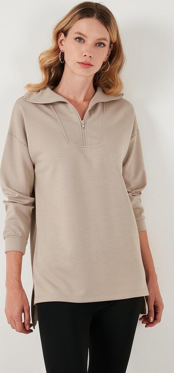 Lela Regular Fit Fermuarlı Yaka Önü Kısa Arkası Uzun Bayan Sweat 5865876 TAŞ - Image 1