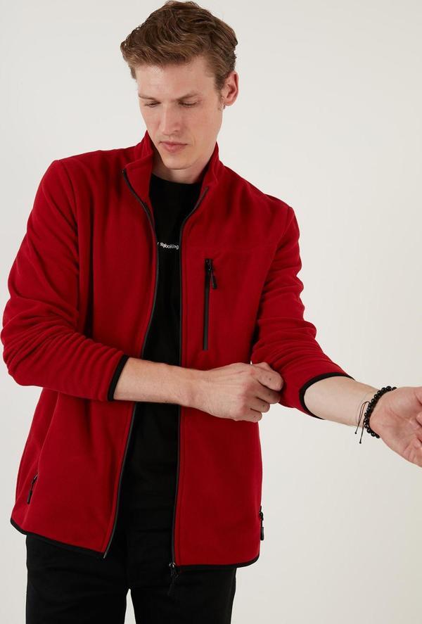 Buratti Slim Fit Fermuarlı Cepli Dik Yaka Polar Erkek Hırka 5906028 BORDO - Image 1
