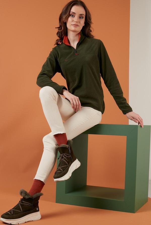 Lela Slim Fit Yumuşak Dokulu Anti-Pilling Tüylenme Yapmayan Yarım Fermuarlı Bayan Polar 5907000 HAKİ - Image 1