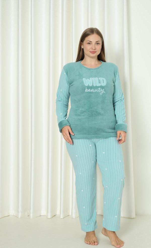Fawn 3500 Peluş Welsoft Polar Kışlık Nakışlı Büyük Beden Kadın Pijama Takımı - Image 1