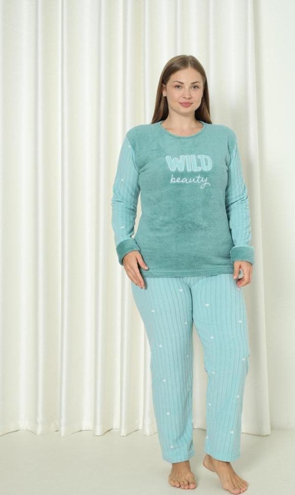 Fawn 3500 Peluş Welsoft Polar Kışlık Nakışlı Büyük Beden Kadın Pijama Takımı - Image 1