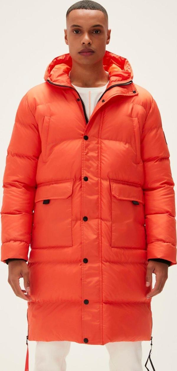 Goose Tail Puffer Turuncu Erkek Kapüşonlu Uzun Mont - Image 1