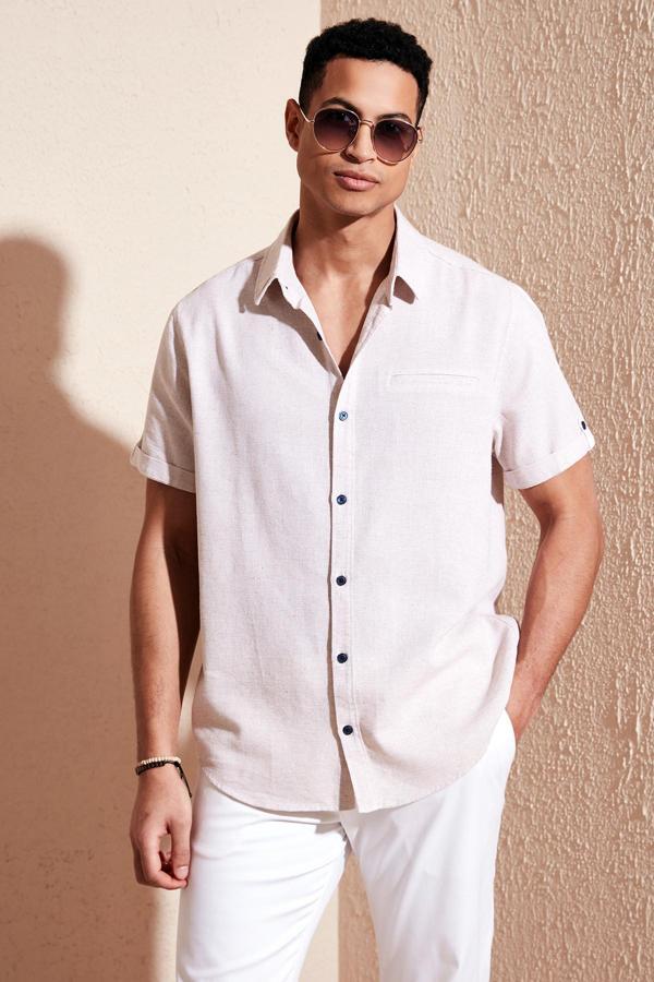 Buratti % 100 Pamuk Keten Görünümlü Slim Fit Kısa Kollu Erkek Gömlek CF21S111766 TAŞ - Image 1