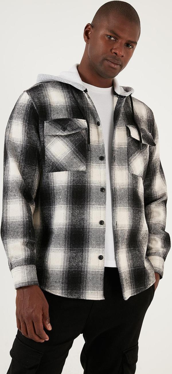 Buratti Ekoseli Çift Cepli Kapüşonlu Oduncu Erkek Gömlek CF22W2650 SİYAH - Image 1