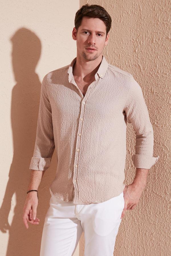 Buratti Pamuklu Çizgili Düğmeli Yaka Uzun Kollu Regular Fit Erkek Gömlek CF23S112237 TAŞ - Image 1