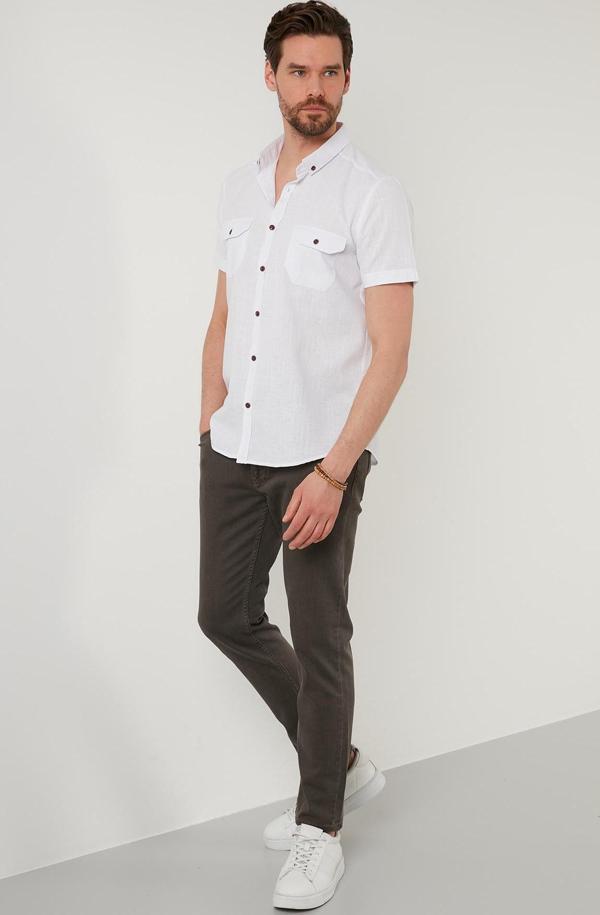 Buratti Düğmeli Yaka % 100 Pamuk Slim Fit Cepli Erkek Gömlek CF21S111153 BEYAZ - Image 1