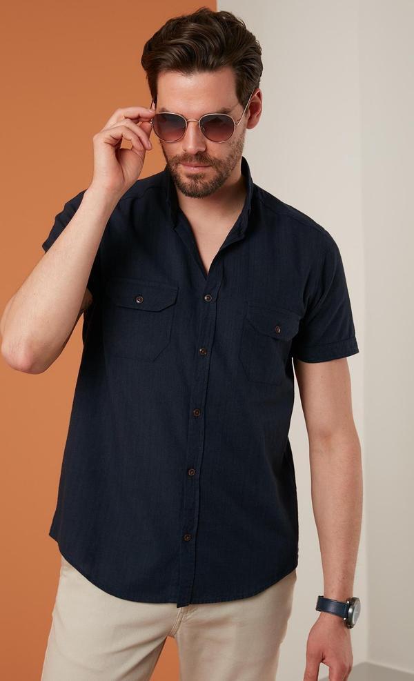 Buratti Düğmeli Yaka % 100 Pamuk Slim Fit Cepli Erkek Gömlek CF21S111153 LACİVERT - Image 1