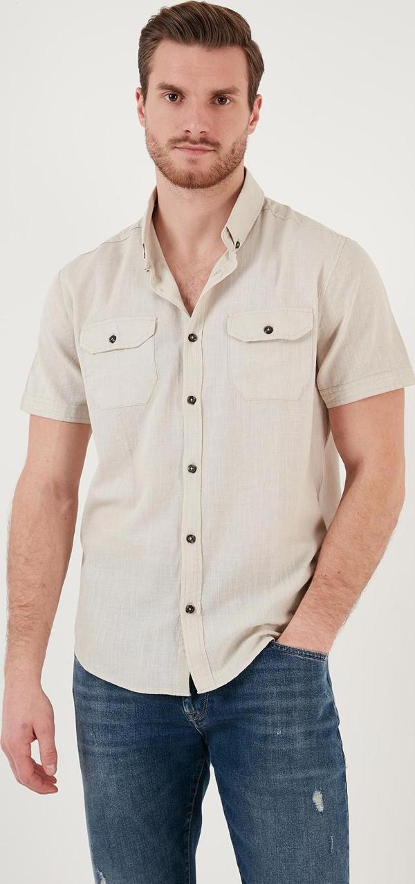 Buratti Düğmeli Yaka % 100 Pamuk Slim Fit Cepli Erkek Gömlek CF21S111153 TAŞ - Image 1