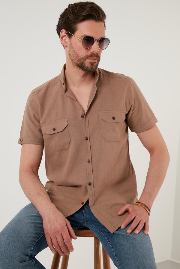 Buratti Düğmeli Yaka % 100 Pamuk Slim Fit Cepli Erkek Gömlek CF21S111153 TOPRAK - Image 1