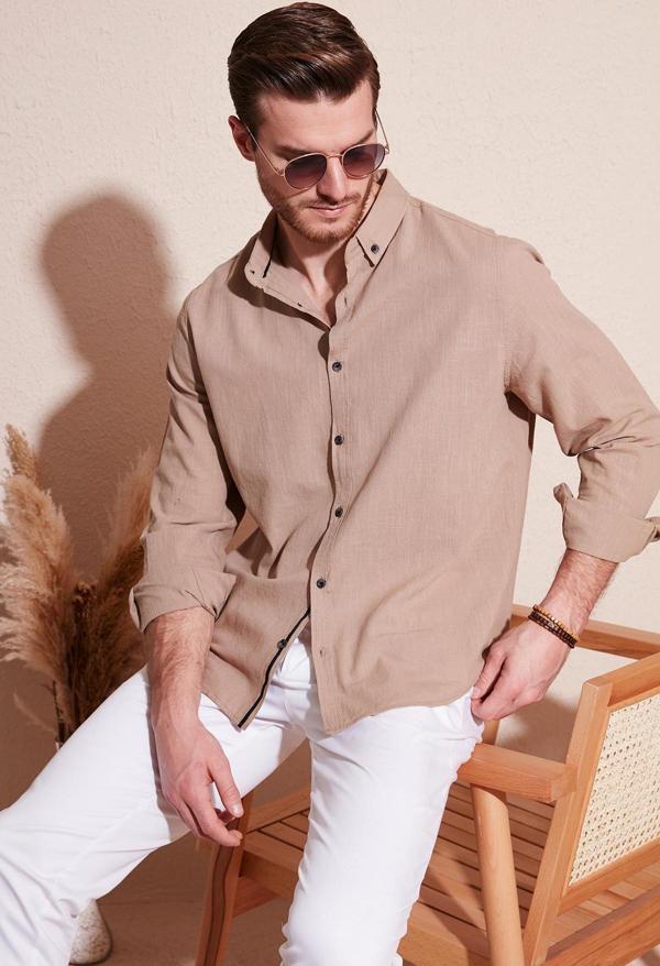 Buratti Regular Fit Düğmeli Yaka % 100 Pamuk Erkek Gömlek CF20S111871 TOPRAK - Image 1