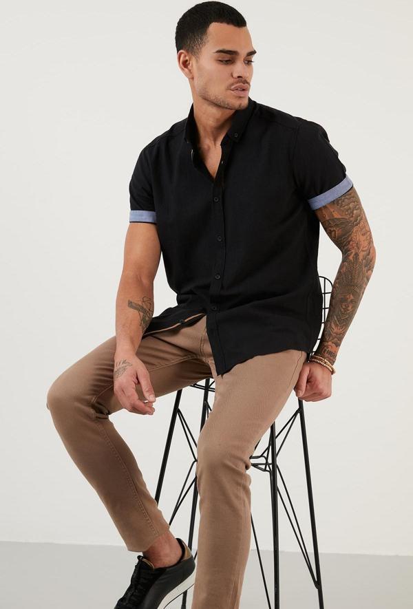 Buratti Pamuklu Slim Fit Düğmeli Yaka Kısa Kollu Erkek Gömlek CF21S112546 SİYAH - Image 1