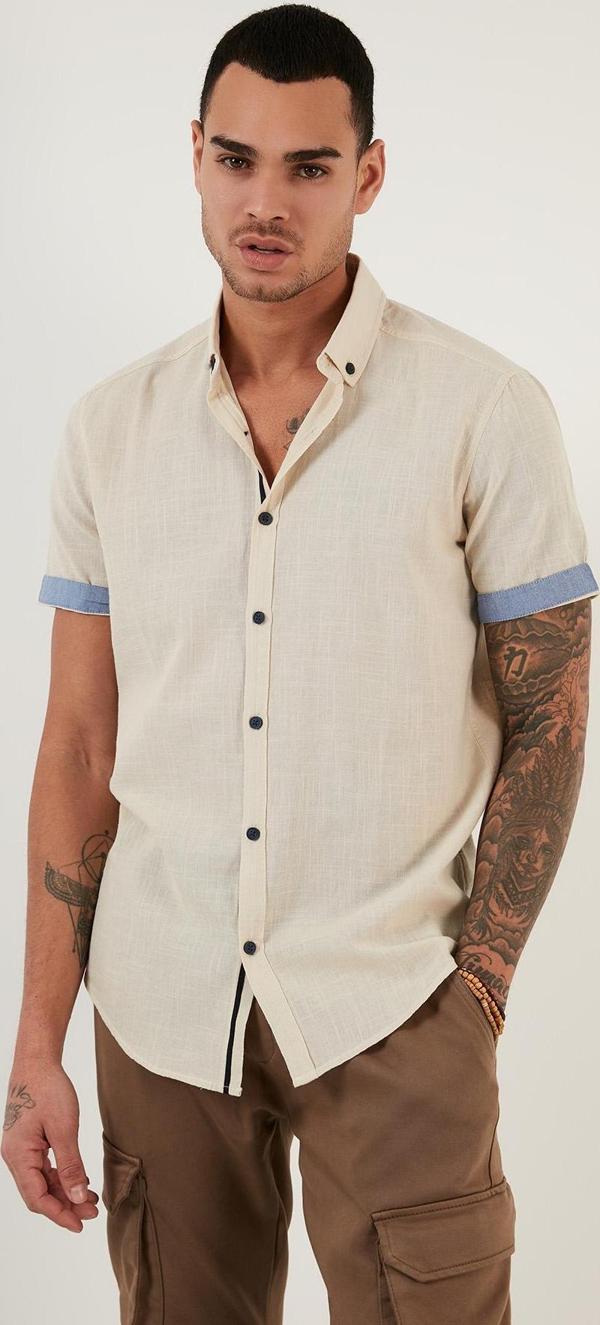 Buratti Pamuklu Slim Fit Düğmeli Yaka Kısa Kollu Erkek Gömlek CF21S112546 TAŞ - Image 1
