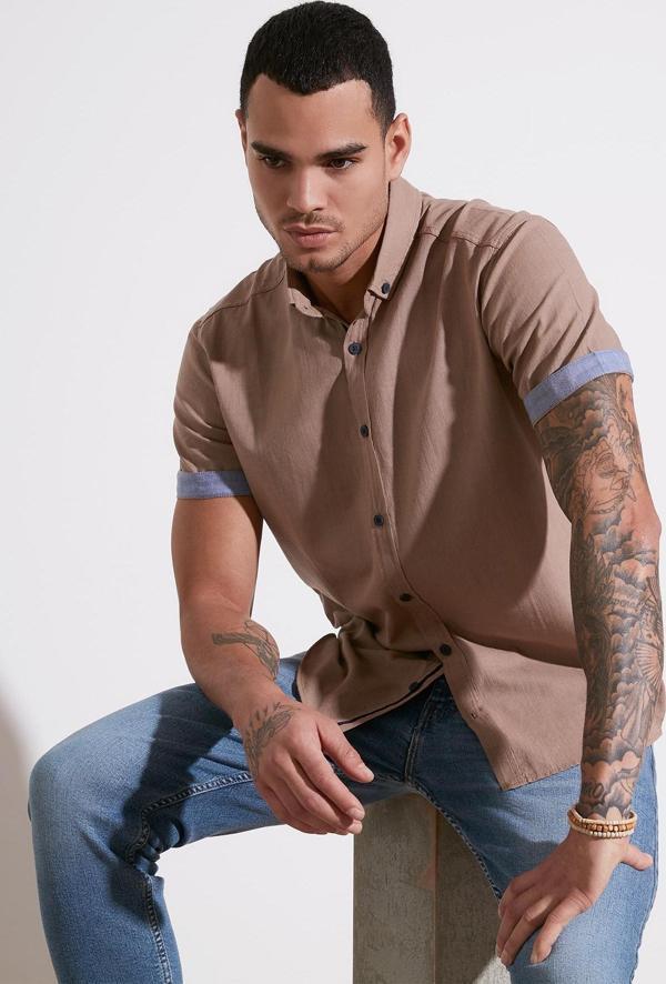 Buratti Pamuklu Slim Fit Düğmeli Yaka Kısa Kollu Erkek Gömlek CF21S112546 TOPRAK - Image 1