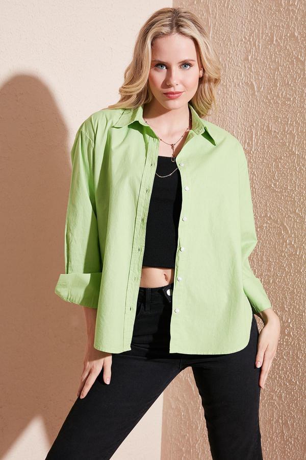 Lela Oversize % 100 Pamuk Poplin Bayan Gömlek CF21S163867 FISTIK YEŞİL - Image 1