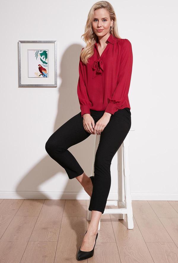 Lela Bağlama Detaylı V Yaka Şifon Bayan Gömlek 611BZ0047 BORDO - Image 1