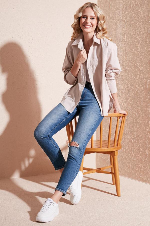 Lela Oversize % 100 Pamuk Poplin Bayan Gömlek CF21S163867 TAŞ - Image 1