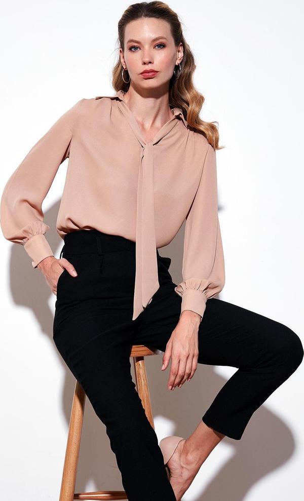 Lela Bağlama Detaylı V Yaka Şifon Bayan Gömlek 611BZ0047 VİZON - Image 1