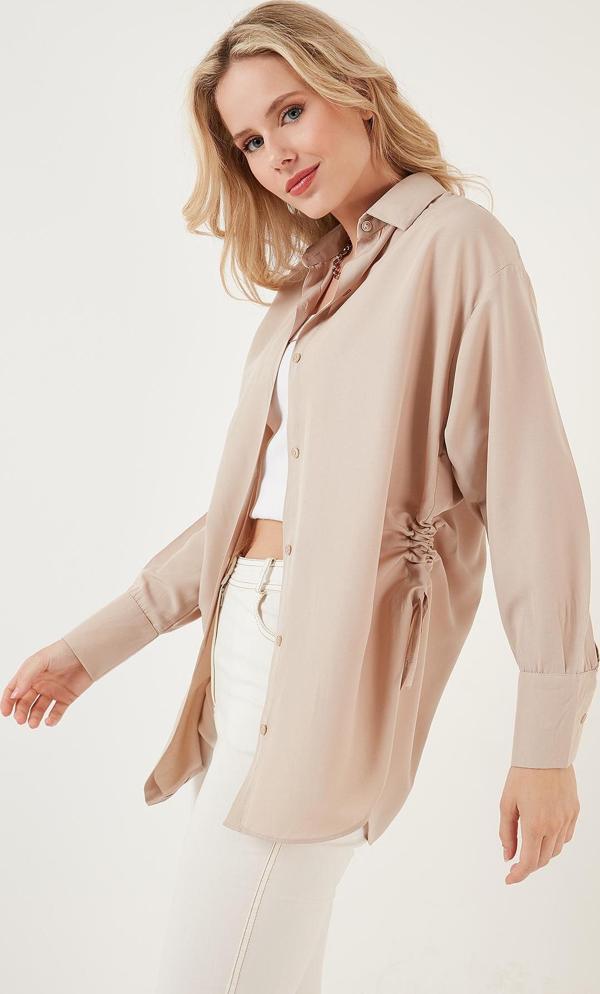 Lela Büzgü Detaylı Pamuklu Rahat Kesim Bayan Gömlek 6234779 TAŞ - Image 1