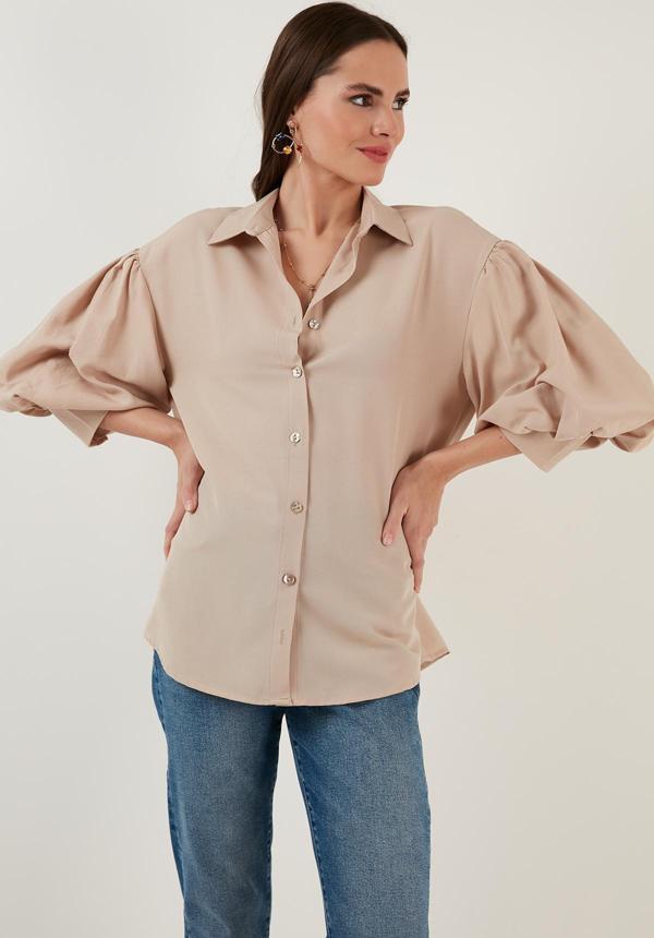 Lela Pamuklu Oversize Balon Kol Dokuma Bayan Gömlek 6234783 TAŞ - Image 1