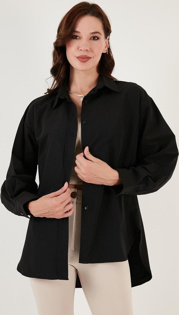 Lela Pamuklu Oversize Dokuma Bayan Gömlek 6234760 SİYAH - Image 1