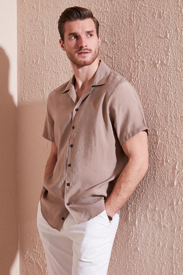 Buratti Regular Fit Apaş Yaka Kısa Kollu Modal Erkek Gömlek CF24S117929 CAMEL - Image 1