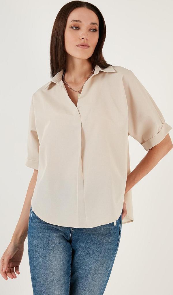 Lela Pamuklu Oversize Kısa Kollu Bayan Gömlek 6234759 TAŞ - Image 1