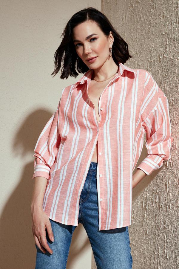 Lela Çizgili Keten Karışımlı Oversize Bayan Gömlek 669202512S4 MERCAN - Image 1