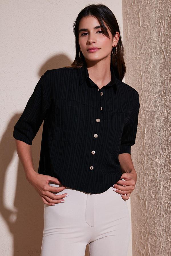 Lela Regular Fit Çift Cepli Kısa Kollu Bayan Gömlek 5865644 SİYAH - Image 1