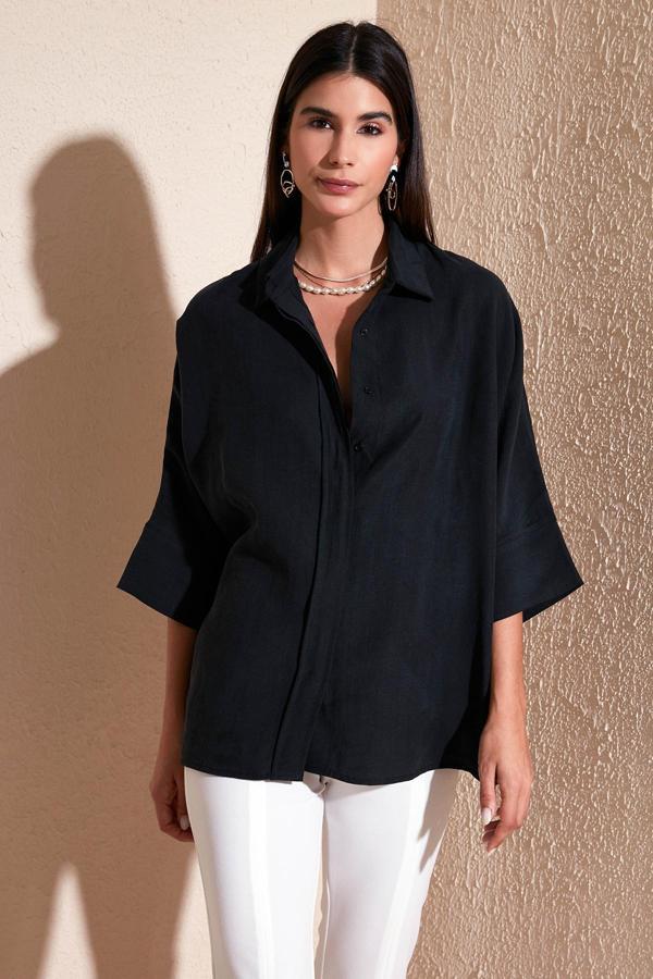 Lela Truvakar Kol % 100 Pamuk Oversize Bayan Gömlek 51434401LL SİYAH - Image 1