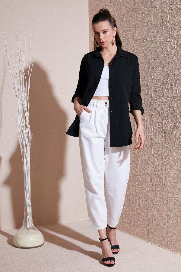 Lela Pamuklu Regular Fit Tek Cepli Bayan Gömlek 4613001 SİYAH - Image 1