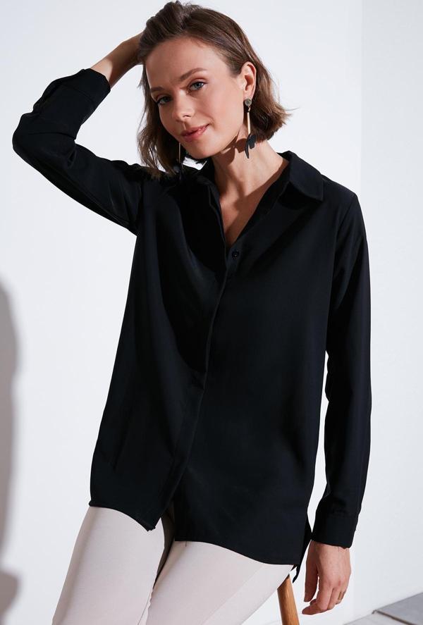 Lela Regular Fit Önü Kısa Arkası Uzun Düz Bayan Gömlek 611GO020 SİYAH - Image 1