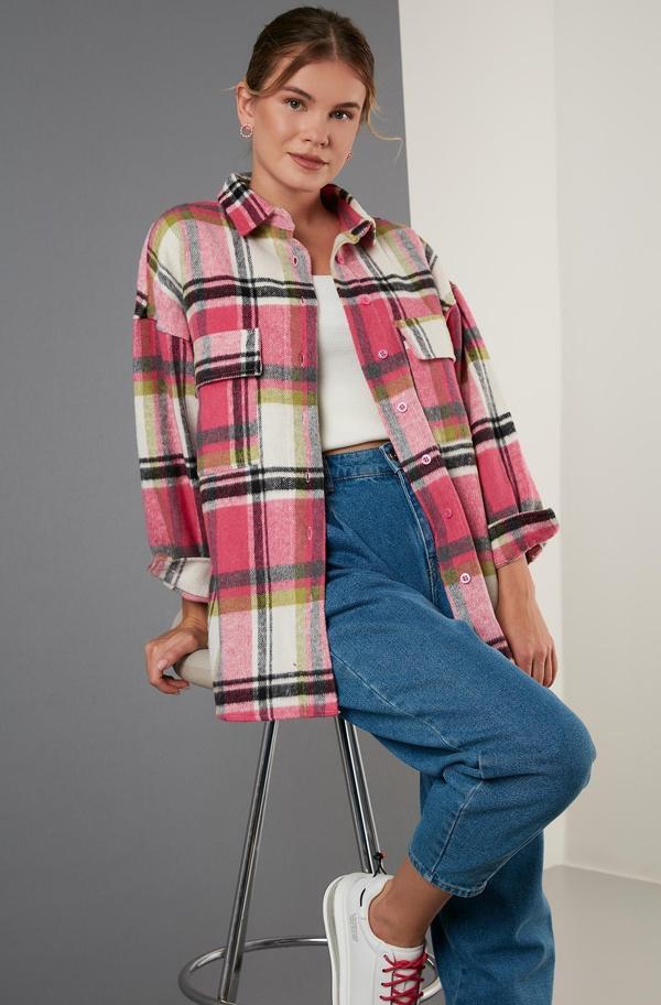 Lela Ekoseli Oversize Çift Cepli Kışlık Oduncu Bayan Gömlek 42190473 FUŞYA - Image 1