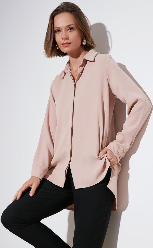 Lela Regular Fit Önü Kısa Arkası Uzun Düz Bayan Gömlek 611GO020 VİZON - Image 1