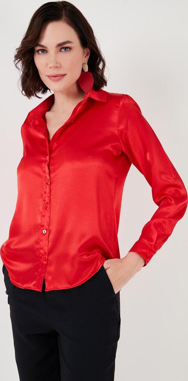 Lela Regular Fit Saten Klasik Bayan Gömlek 66939642S4 KIRMIZI - Image 1